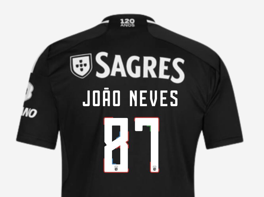 Camisola preta Benfica João Neves 87 com patch de campeão -M