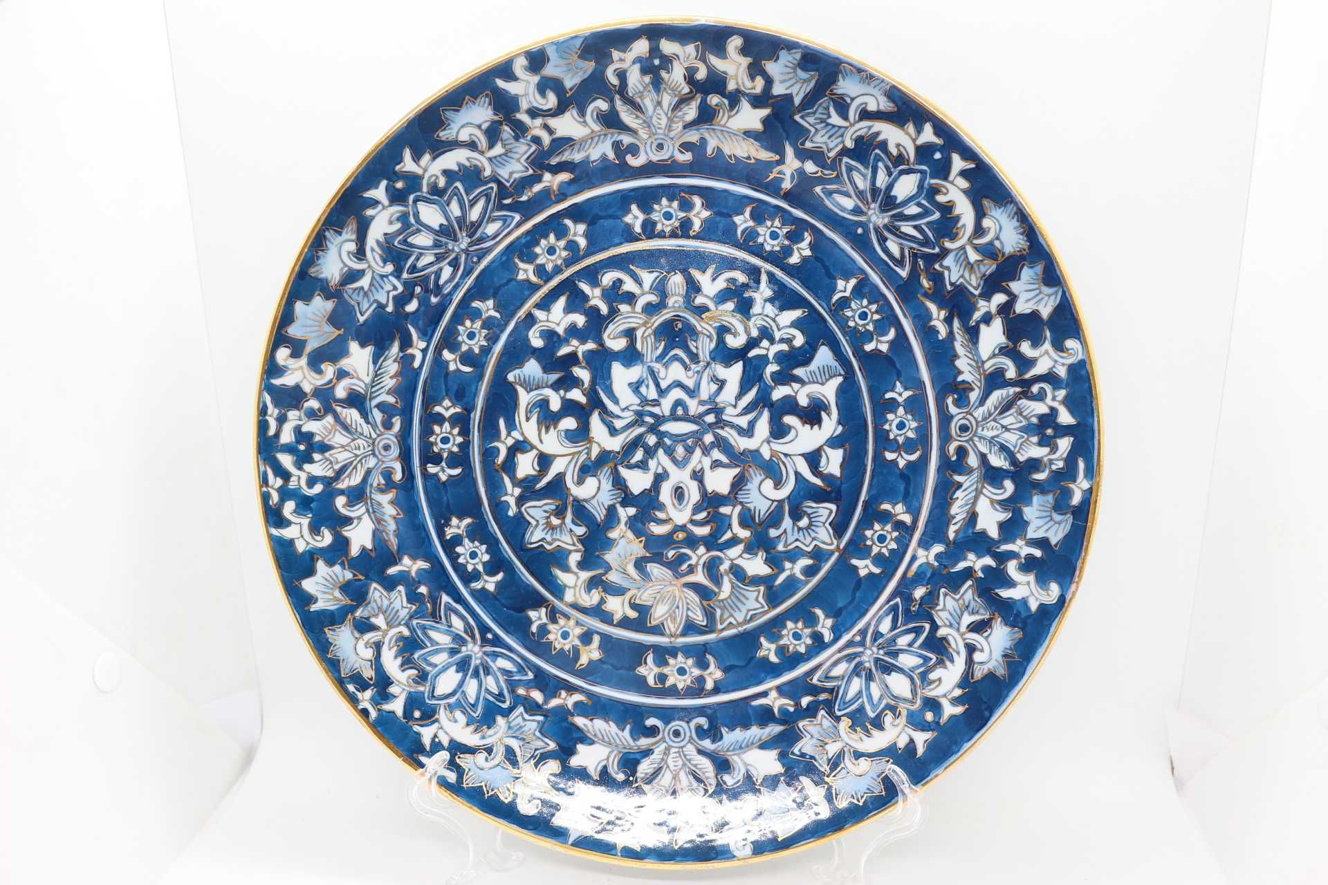 Grande Prato porcelana Chinesa Azul Ouro Floral XX 31cm marcado