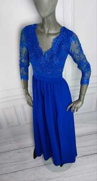 Niebieska chabrowa sukienka długa balowa długi rękaw koronkowa