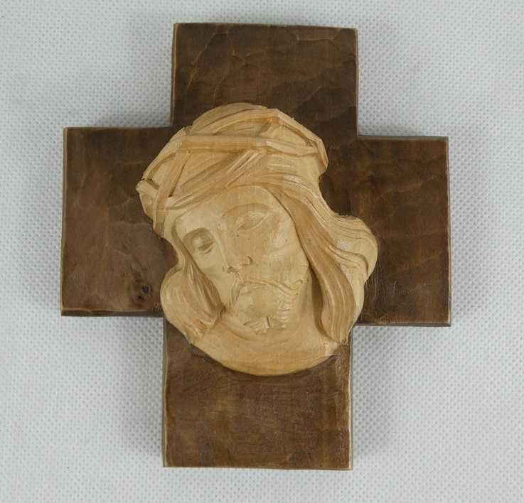 Krzyż krucyfiks rzeźba głowa JEZUS DREWNO 14 x12cm