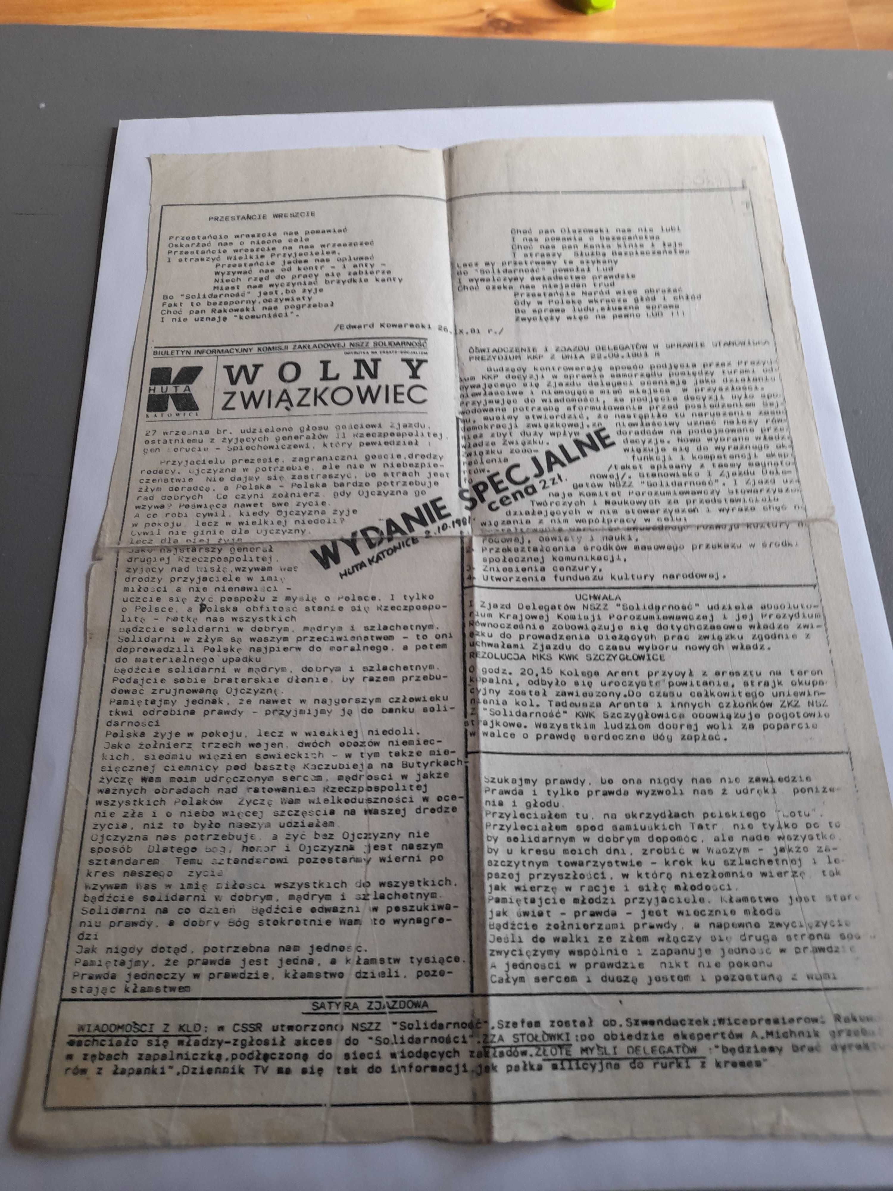 Wolny Związkowiec. Biuletyn NSZZ Solidarnosc Huty Katowice. 02.10.1981