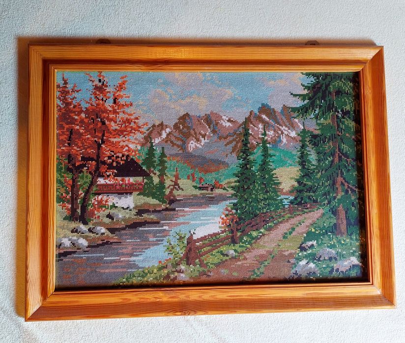 Ręcznie haftowany duży obraz góry naturą rzeka