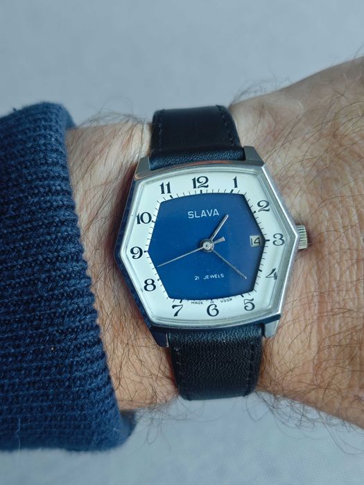 Bi-kolor SZEŚCIOKĄTNA zadbana Slava mechaniczny zegarek nakręcany