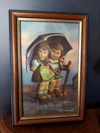 Kolekcjonerski obrazem Hummel dzieci w ramce vintage retro dekoracja