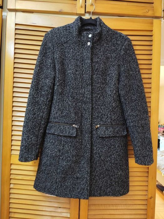 Grafitowy wełniany melanżowy płaszcz Only M