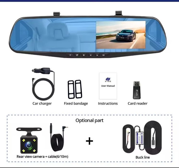 Dash Cam c/ Espelho Retrovisor e Camara Marcha a Trás