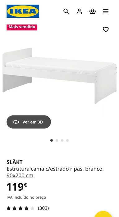 Cama solteiro, Estrutura cama c/estrado ripas, branco 90x200cm, bom es