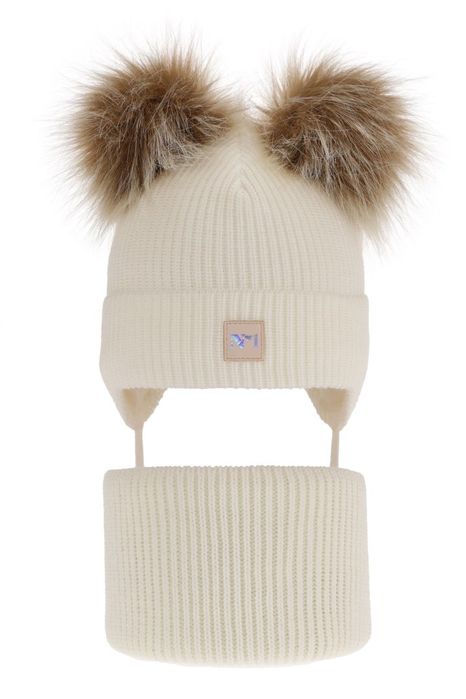Czapka i komin dla dziewczynki zimowy komplet, kremowy, z dwoma pompon