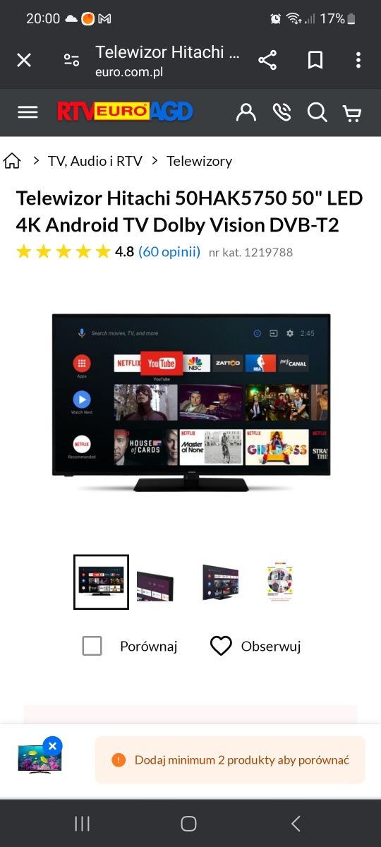 Telewizor Hitachi 50" LED 4K Android TV Dolby Vision DVB-T2
