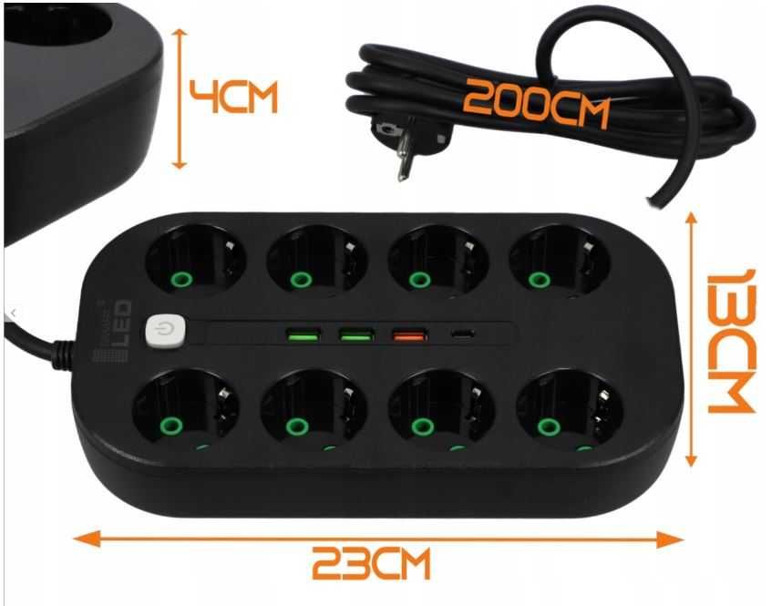 Мережевий фільтр на 8 розеток 220В 3 USB 1 Type-C