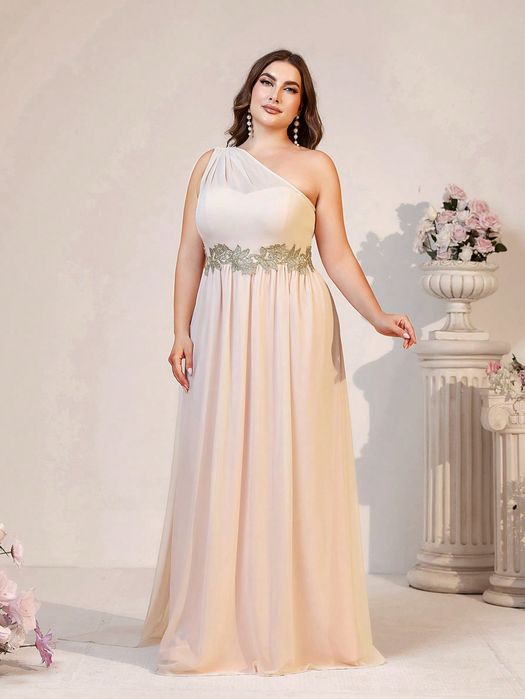 Sukienka Wieczorowa Szyfonowa Na Jedno Ramię Z Peleryną Maxi Shein 3Xl