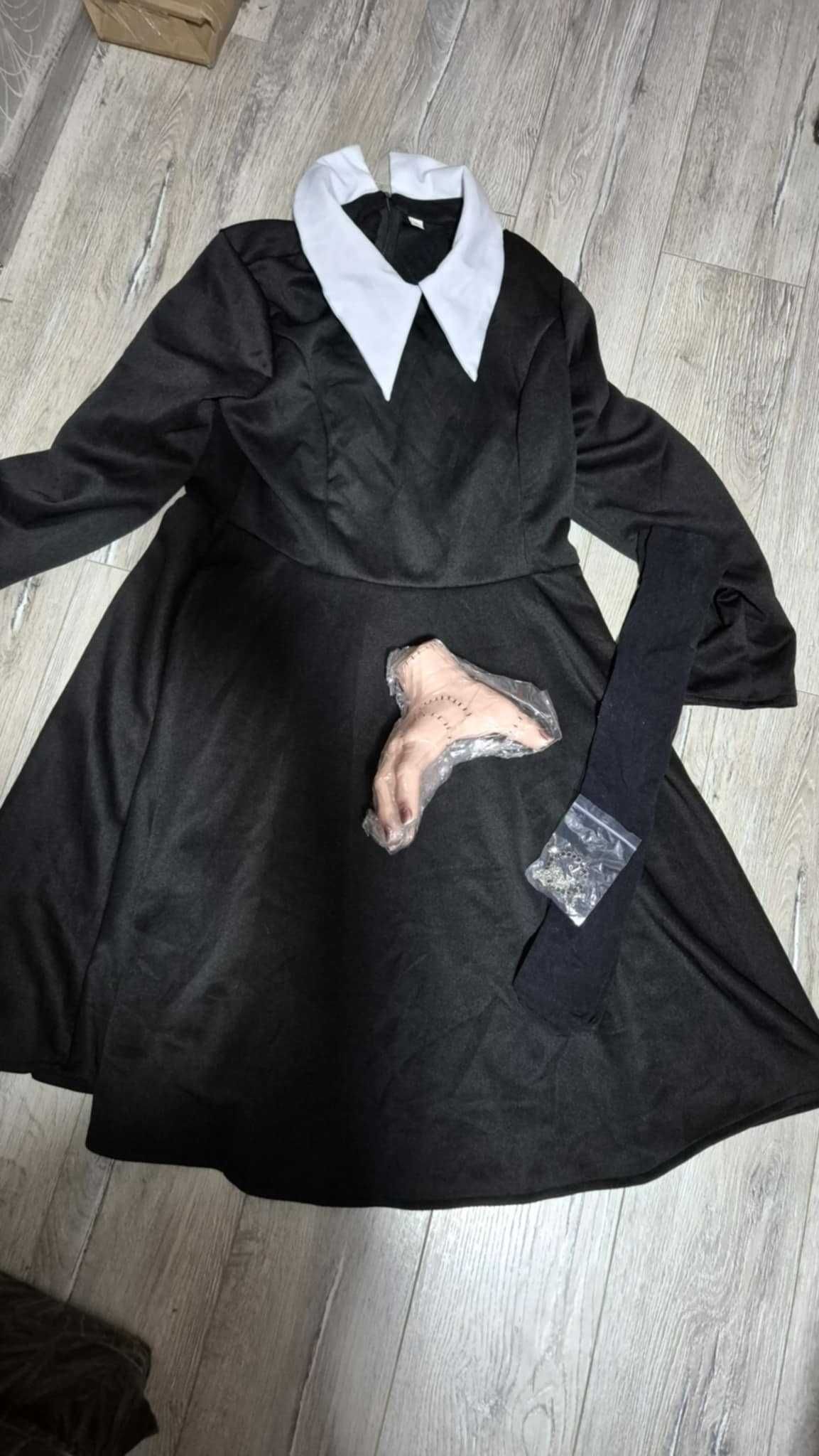 PRZEBRANIE WEDNESDAY ADDAMS sukienka rączka strój karnawał zestaw XL