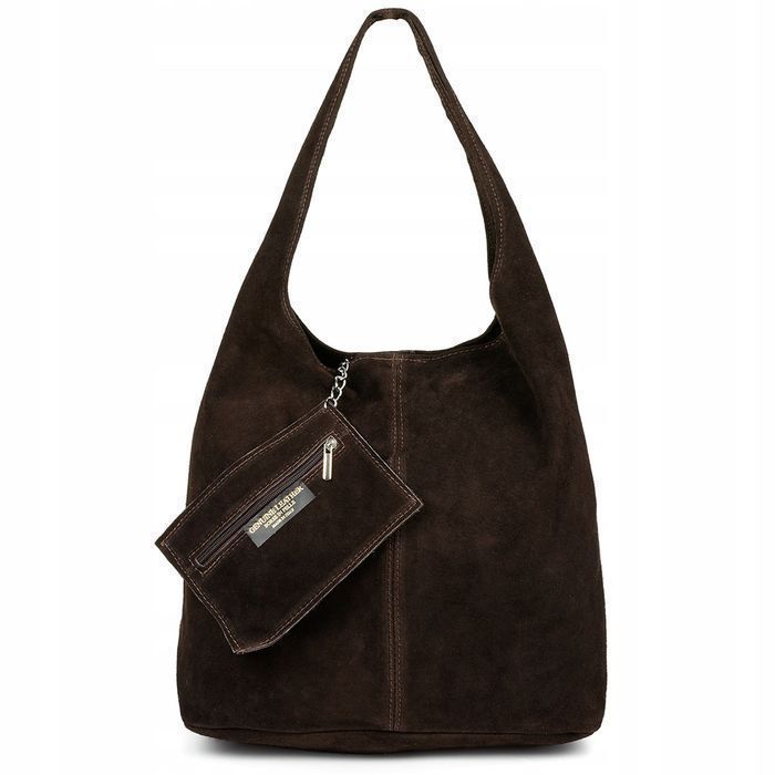 Zamszowa torebka skórzana na ramię z saszetką brązowa modna stylowa