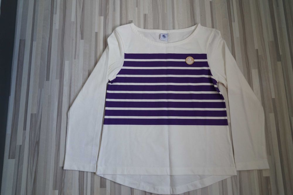 PETIT BATEAU, nowa bluzka w paski (bez metki), krem + fiolet, r. 128