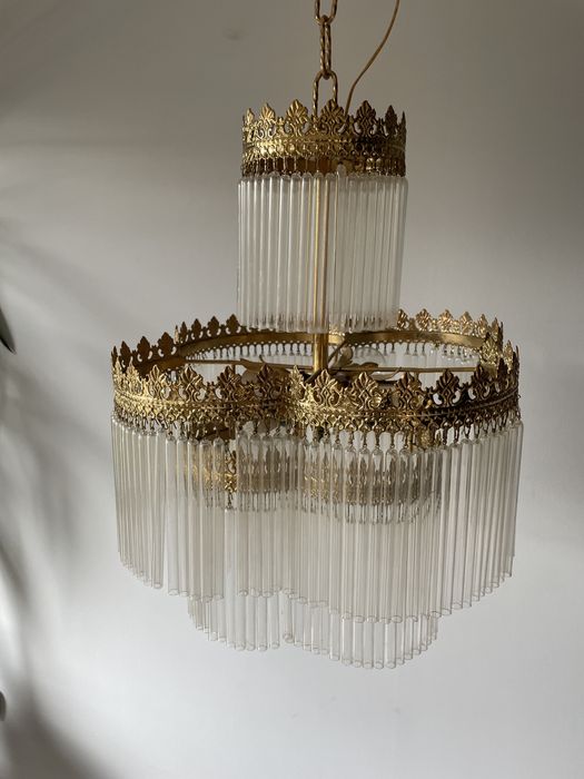 Lampa zyrandol duzy zloty ze szklem antyk lata 70