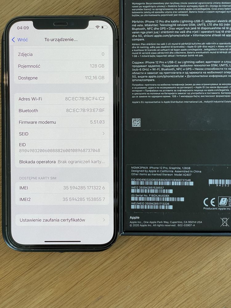 Iphone 12 Pro Graphite 128GB perfekcyjny stan, zestaw szklo etui kabel