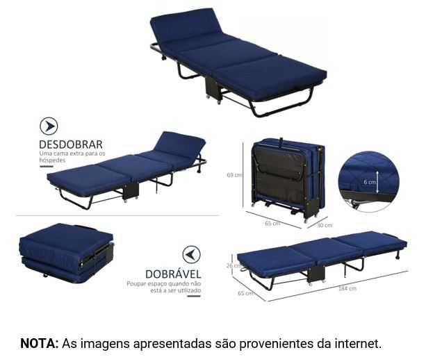 Cama Dobrável Portátil 184x65x26cm Azul