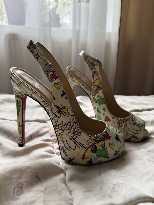 Christian Louboutin peep toe ankle strap graffiti