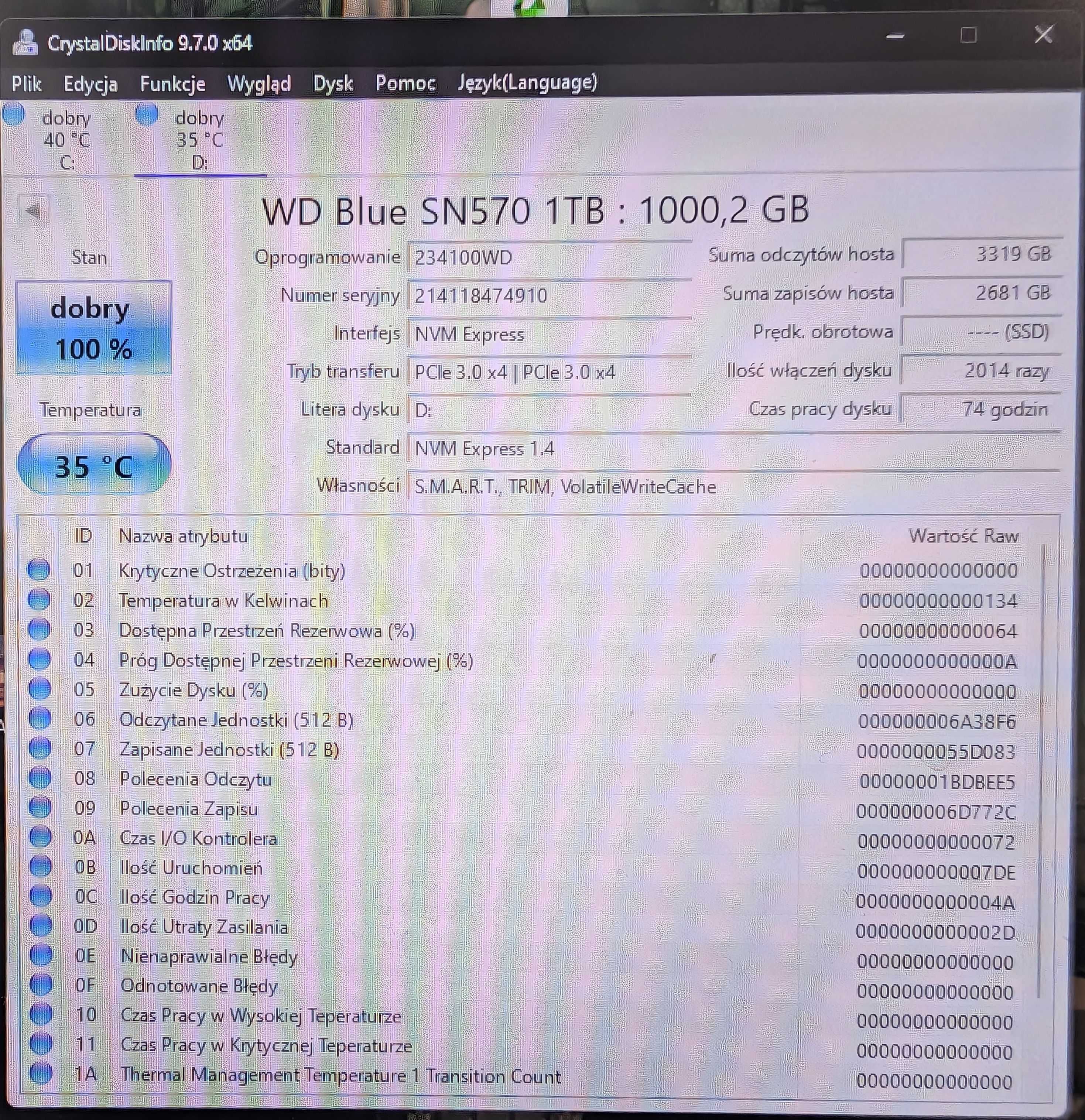 Dysk SSD M.2 WD SN570 1TB 1000GB NVMe M2 WDS100T3B0C