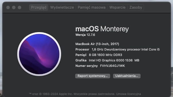 Macbook Air 13,3' 2017 Intel i5 Dysk SSD 256GB macOS Monterey.