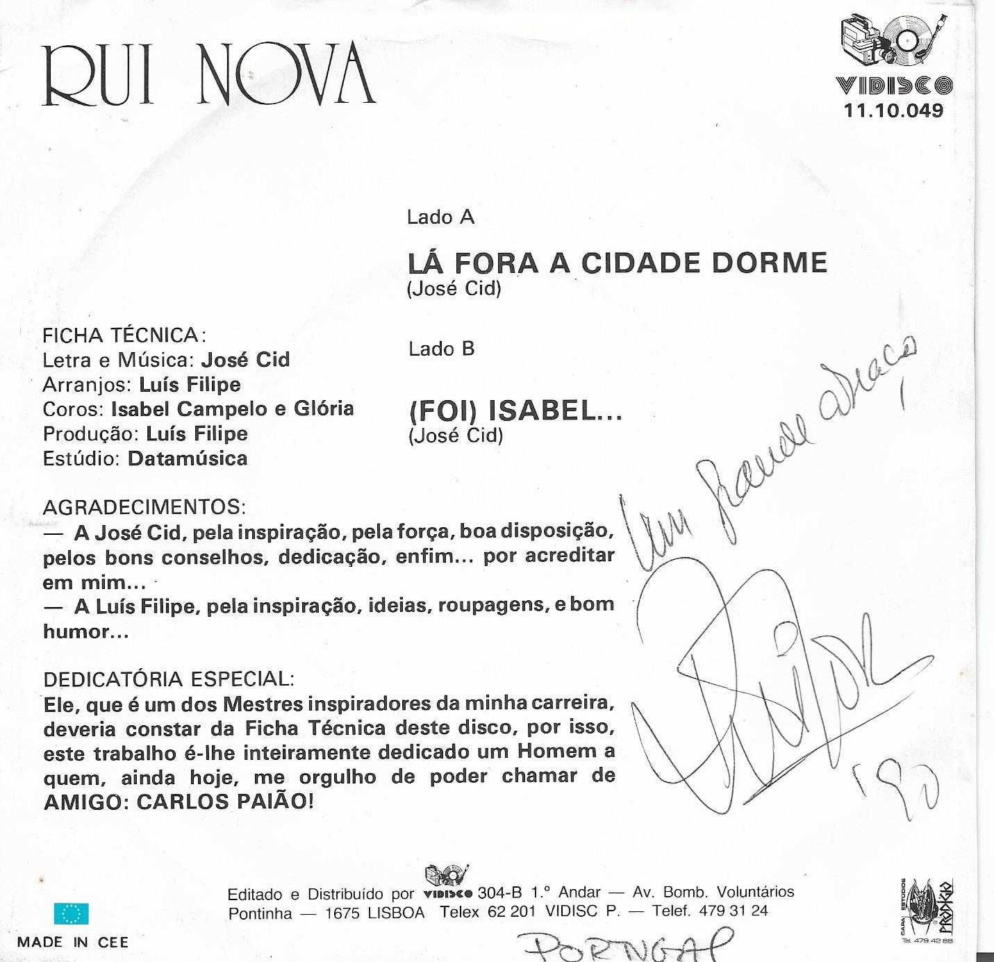 Rui Nova - - - - - Lá Fora a Cidade Dorme - - - - - Single