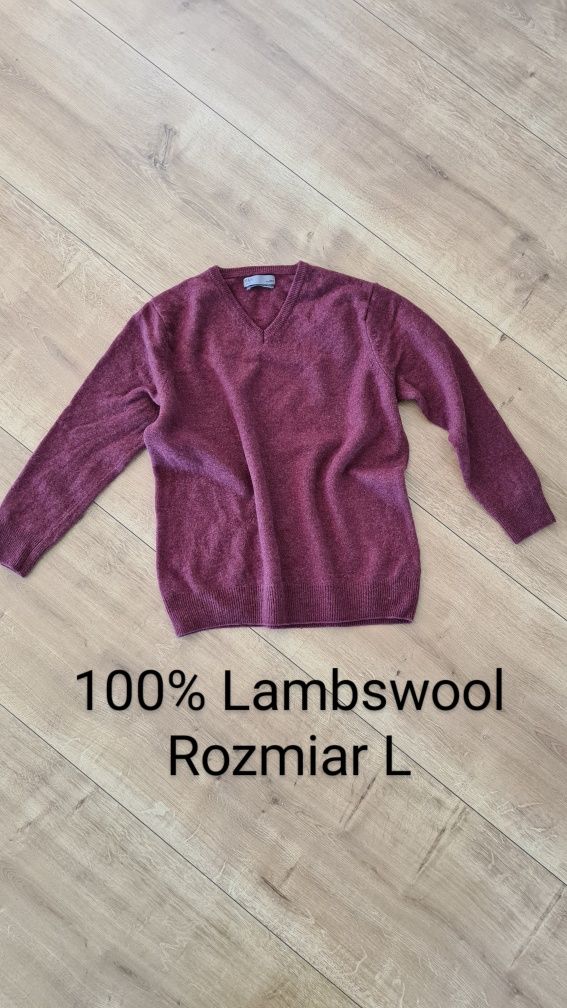 Sweter Pulower 100% Lambswool Wełna Wool. Rozmiar L. Bordowy