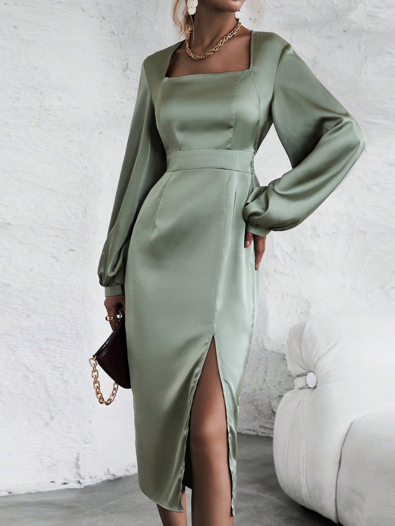Sukienka Elegancka Satynowa Midi Z Rozcięciem Miętowa Shein S 36