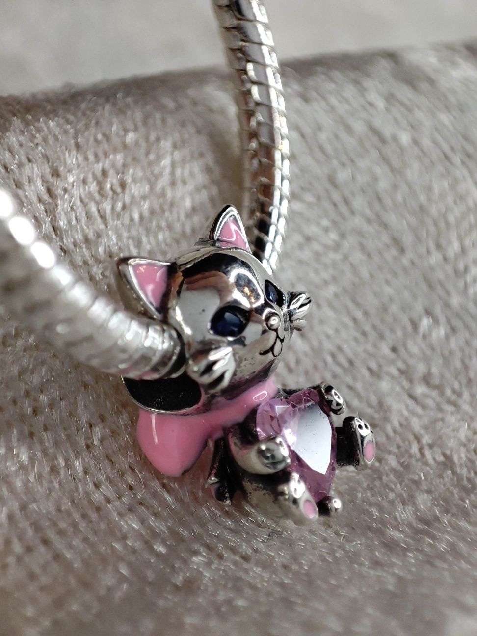 Srebro charms na Pandora kotek różowa kokarda zawieszka przekładka