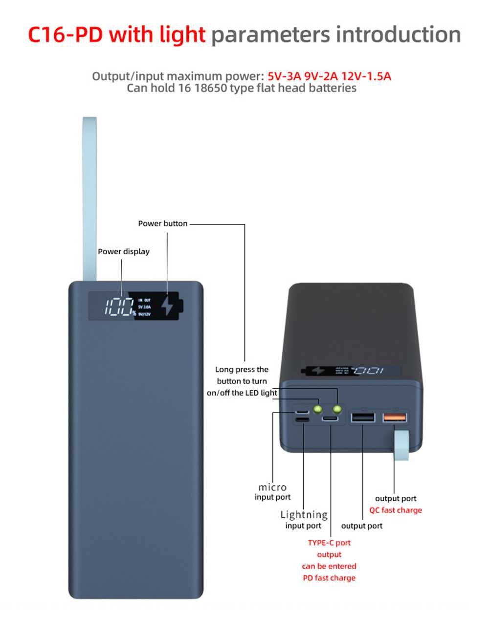 Корпус PowerBank C16-PD на 16 элемент 18650 с быстрой зарядкой и фонар