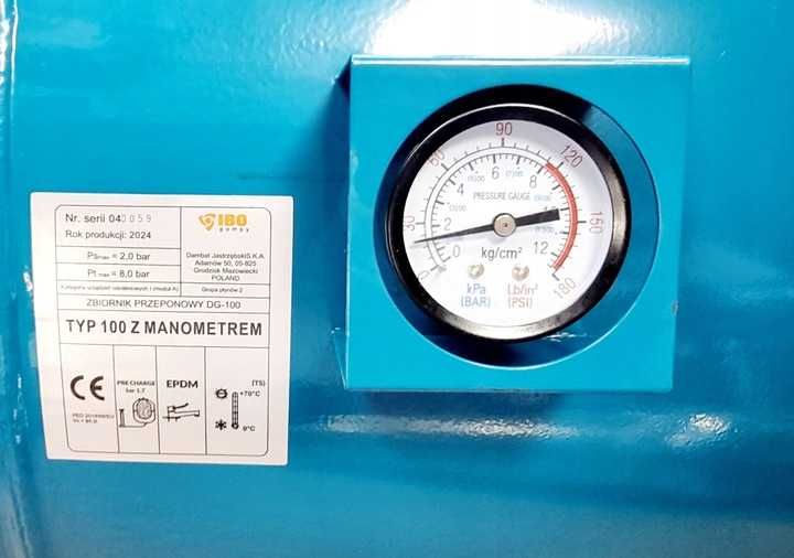Zbiornik przeponowy poziomy IBO 100L z manometrem. Mocny!!