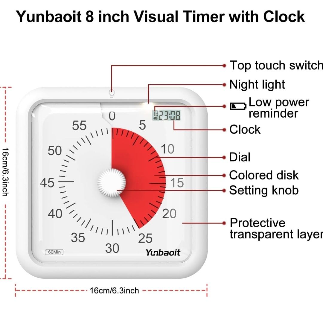 Yunbaoit Wizualny timer Pro 21 cm z zegarem i lampką