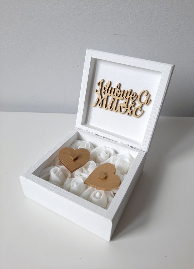 Pudełko na obrączki Białe złoty napis ślub wesele