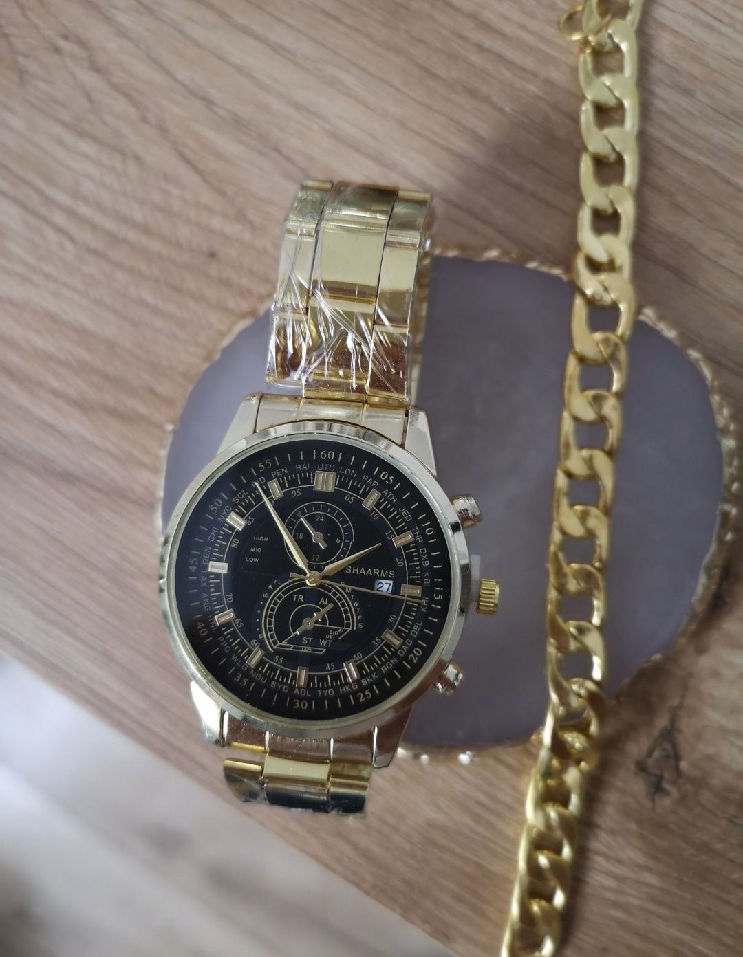 Nowy zestaw prezentowy zegarek męski z dużą tarcza i złota bransoleta