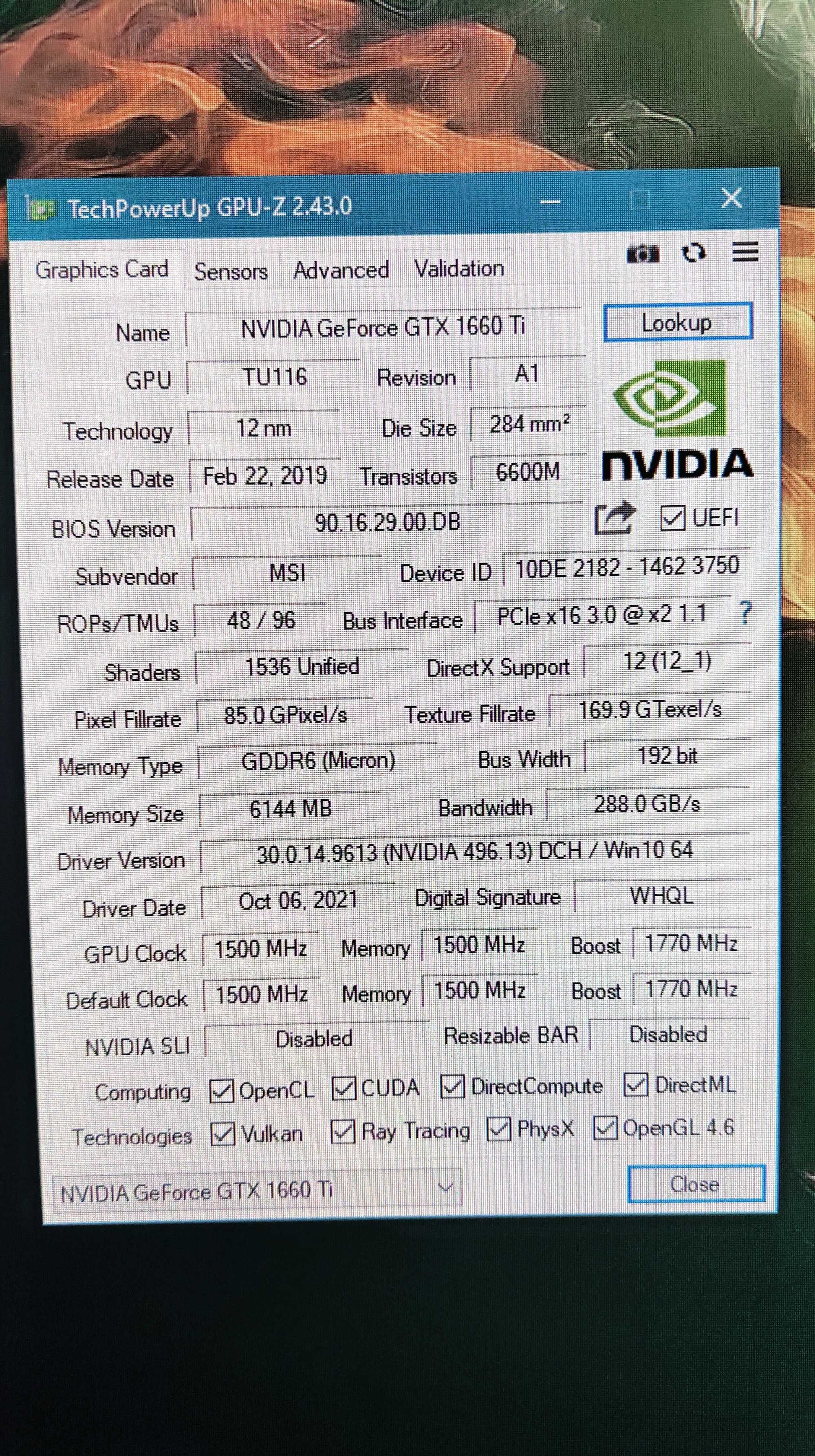 MSI GeForce GTX 1660 TI Armor 6GB,