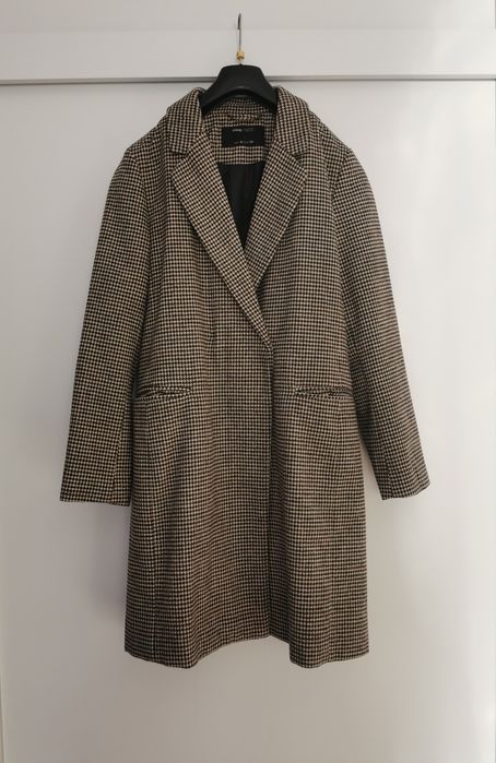 Płaszcz brązowo beżowy w kratę jesień retro vintage