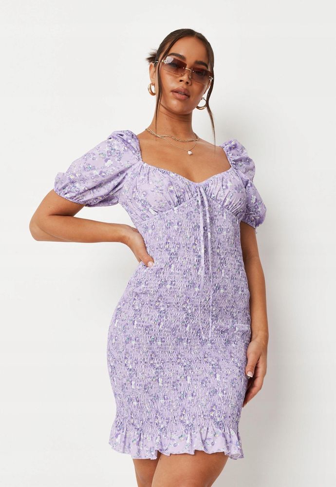 Missguided Tall śliczna liliowa sukienka marszczenia bufki S 36