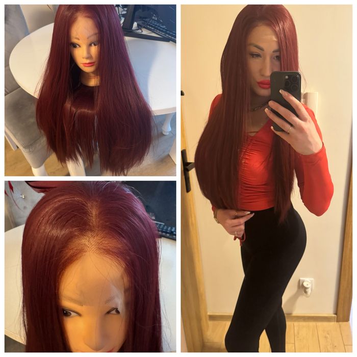 Peruka lace front ruchomy przedziałek długa bordowa burgundowa 80 cm