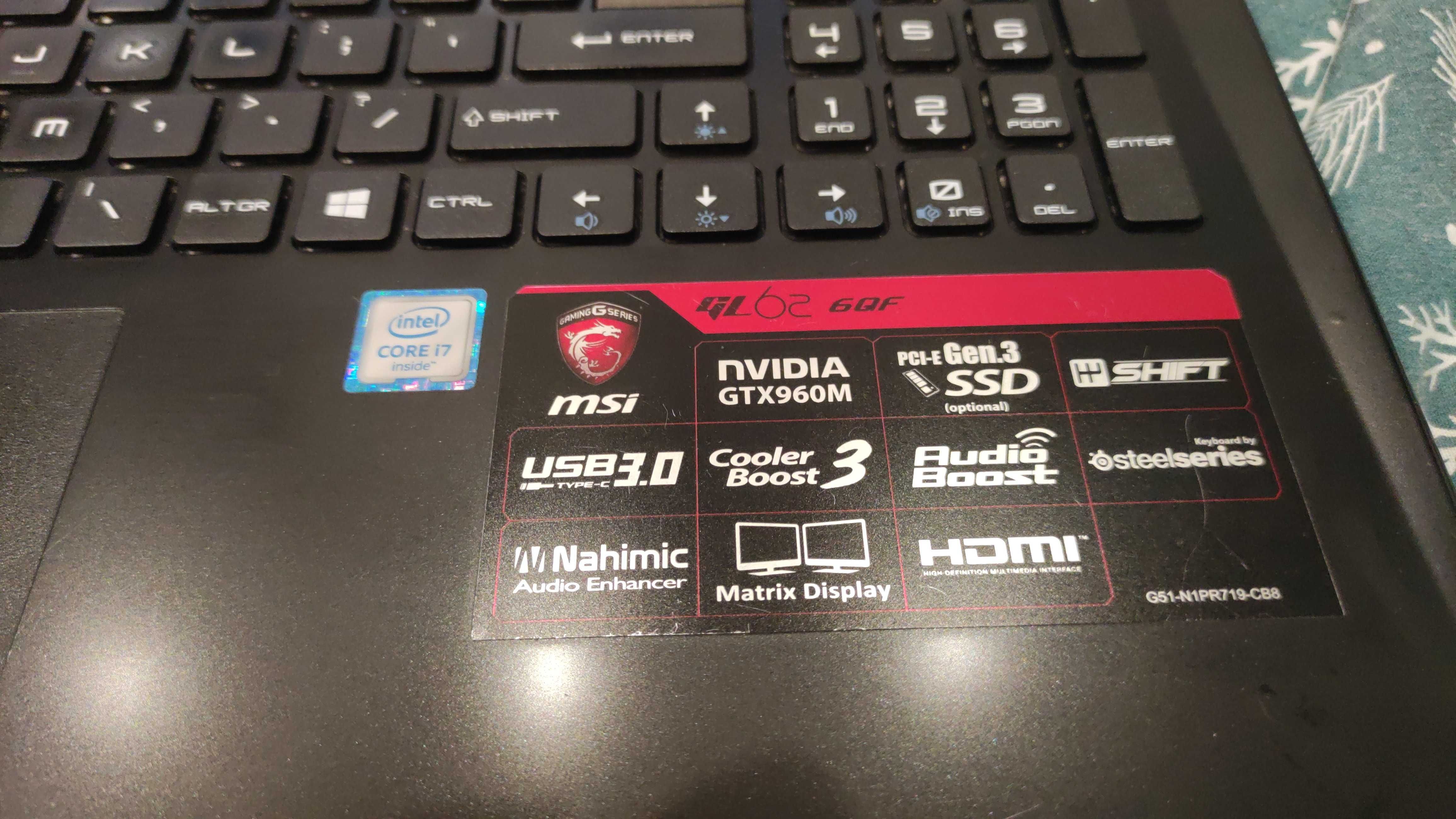 Sprzedam laptop MSI GL62 6QF – i7, SSD + HDD, GTX960M