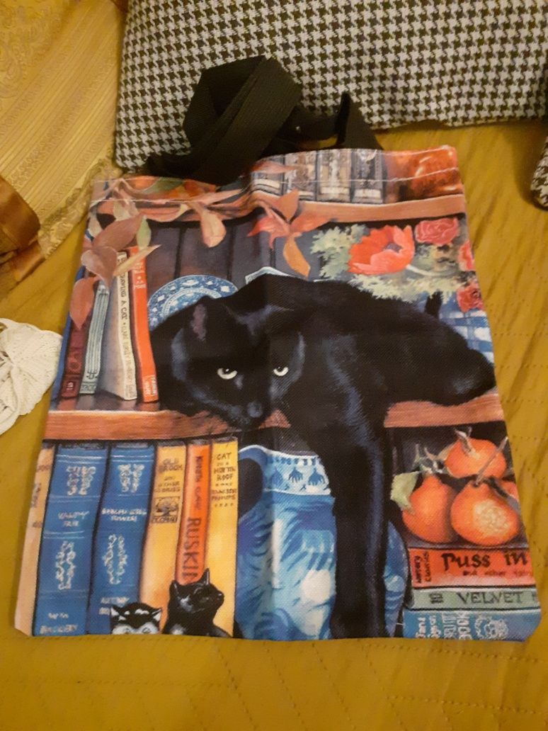 NOWA Torba na zakupy 36x31cm czarny kot biblioteczka