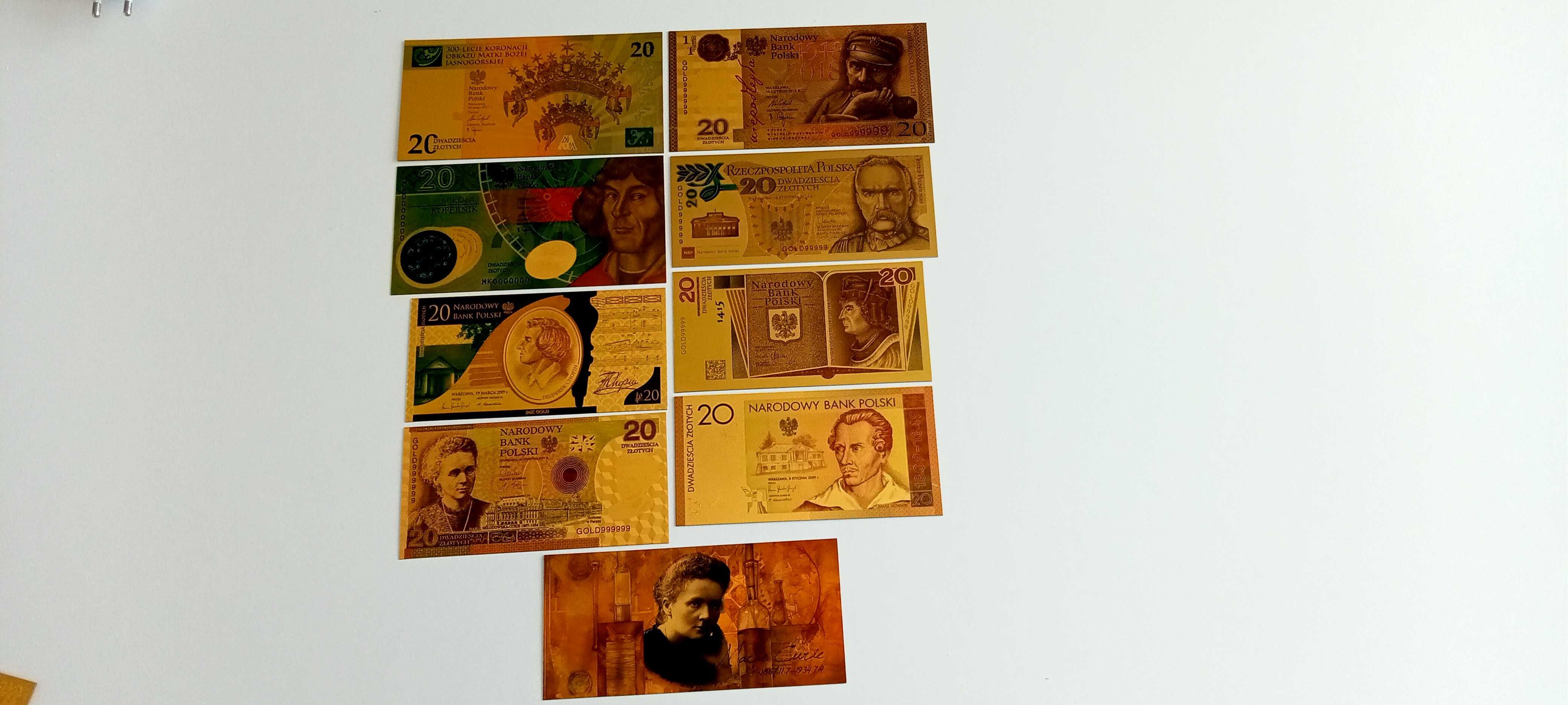 BANKNOTY pozłacana kolekcja  20 ZŁ banknotów  9 szt