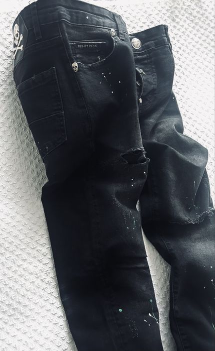 Philipp Plein spodnie meskie czarne dziury nakrapiane