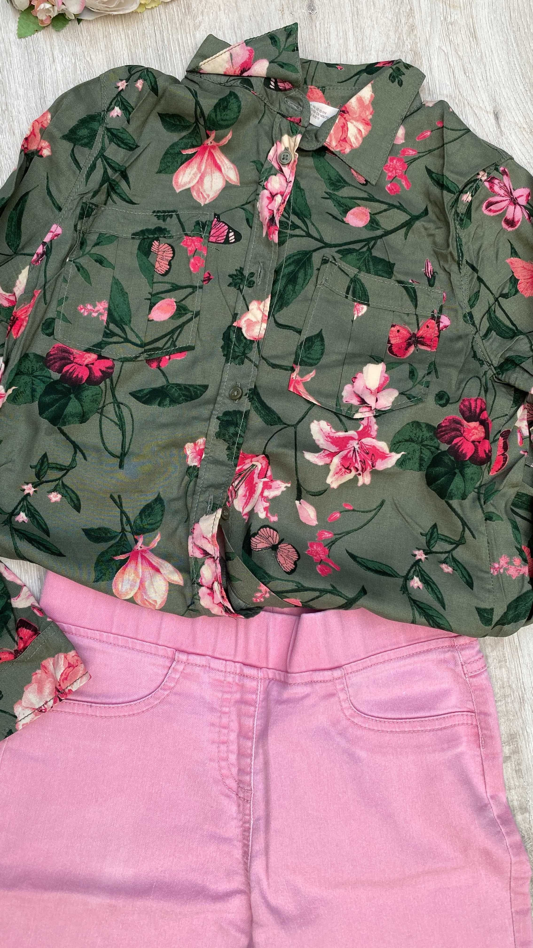 Komplet jeansów F&F i koszuli H&M dla dziewczynek w wieku 8-10 lat