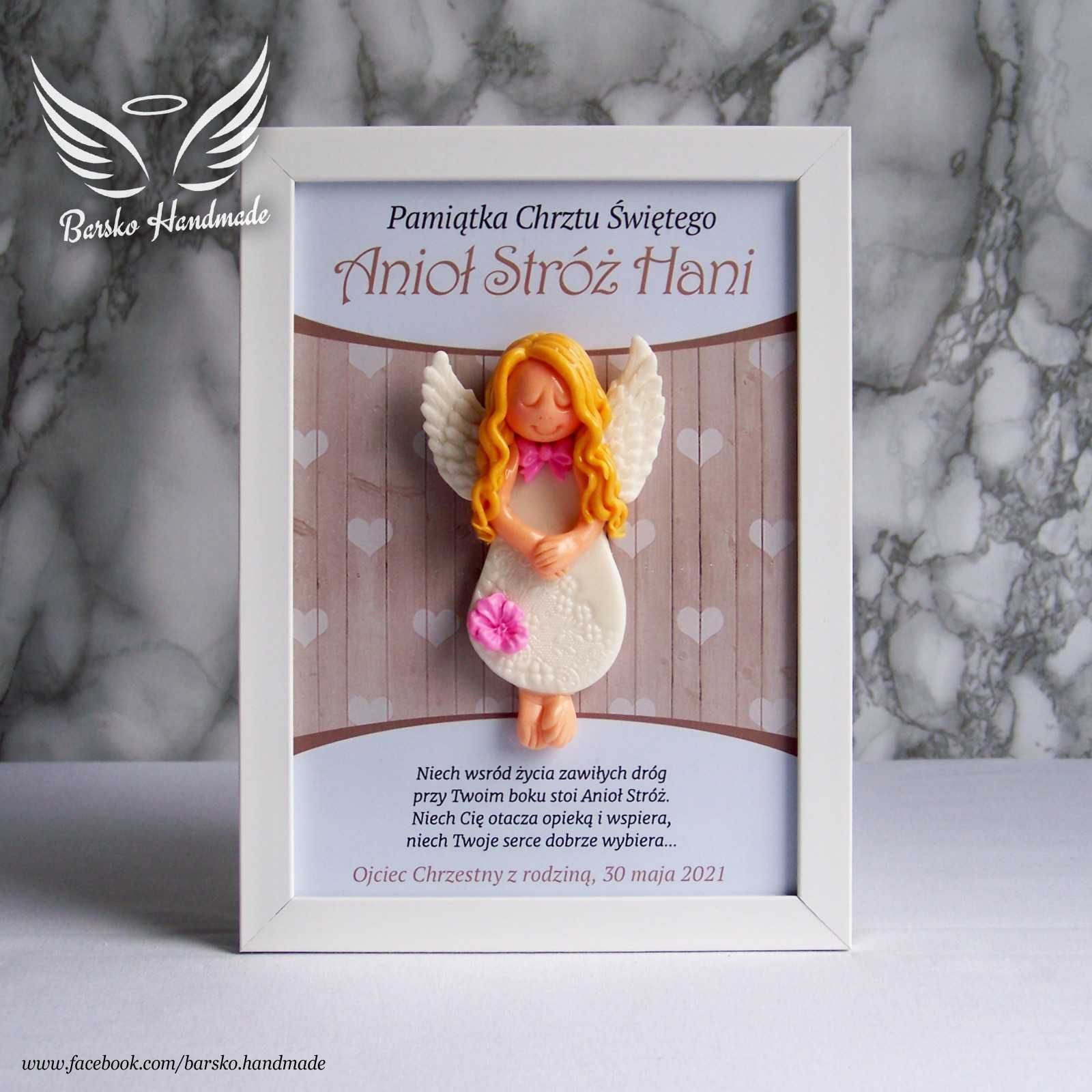 Anioł Stróż z porcelany w ramce 15x21 jako Pamiątka Chrztu Świętego