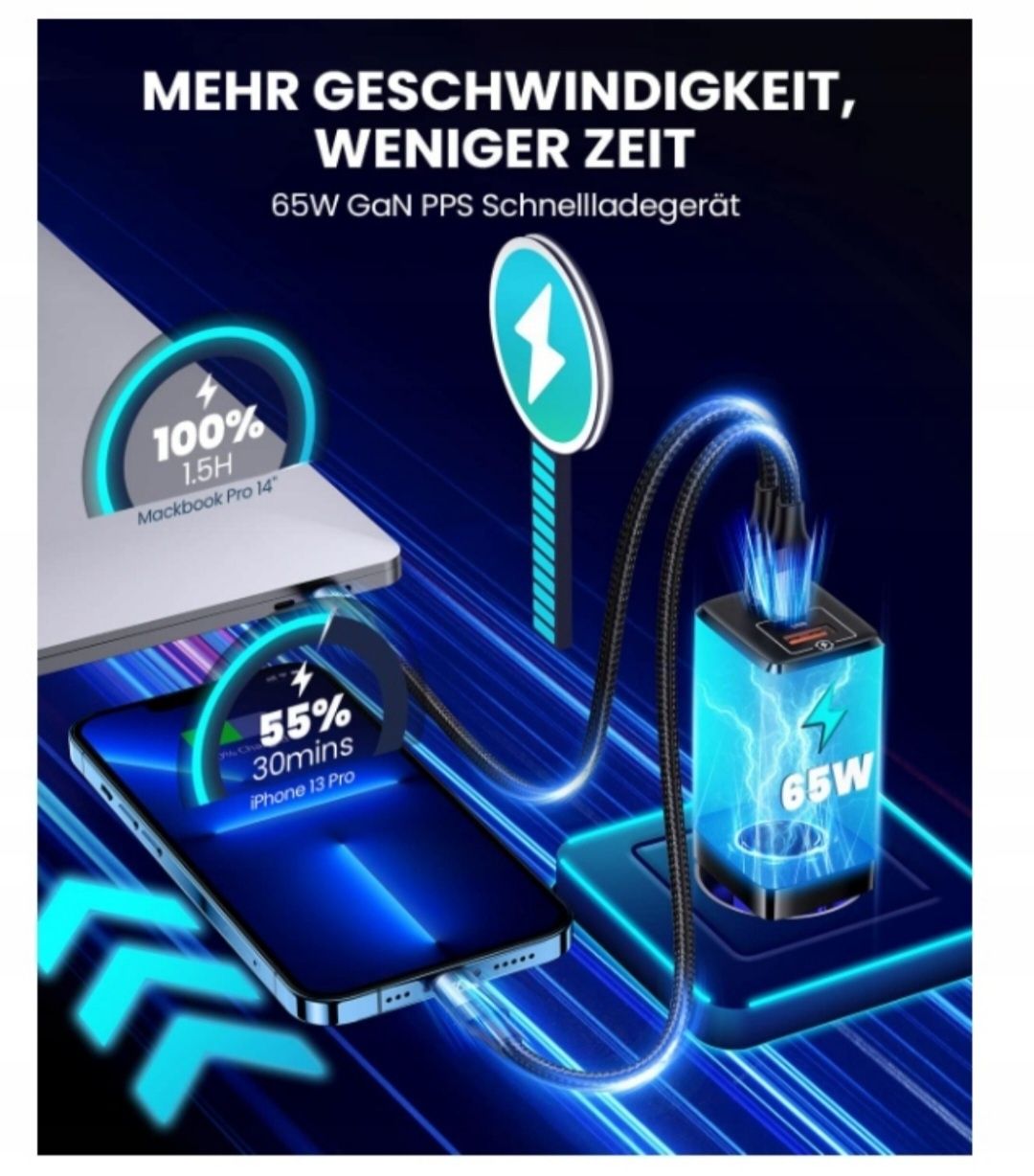 PLUGGIFY Ładowarka Sieciowa GaN 65W 3 Porty 2 USB-C USB PD 3.0 QC 4.0