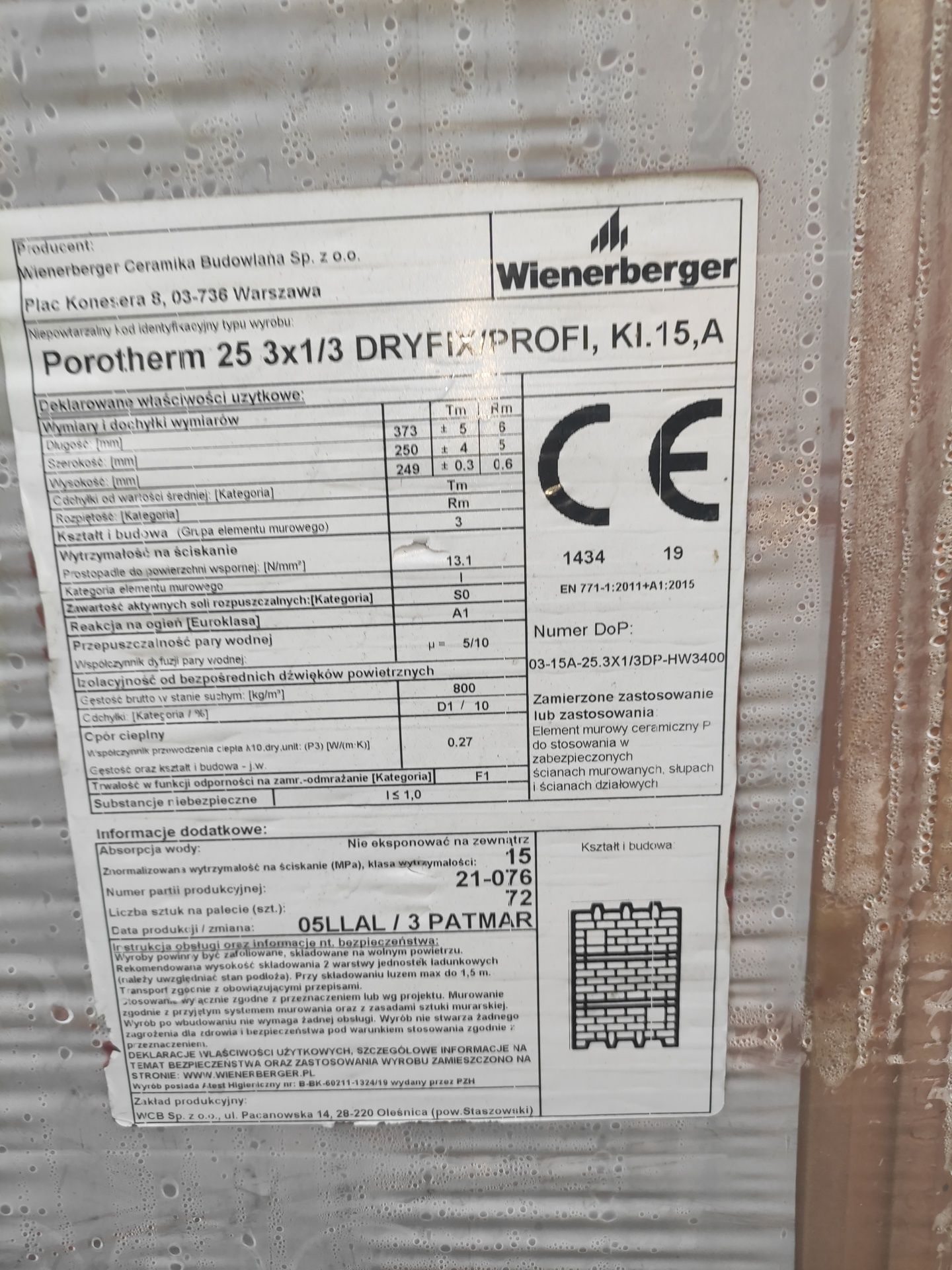 Pustak ceramiczny Porotherm 25 3x1/5 DRYFIX 400 szt.