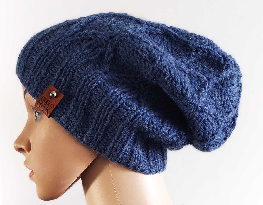 Granatowa czapka z alpaki i wełny – handmade premium