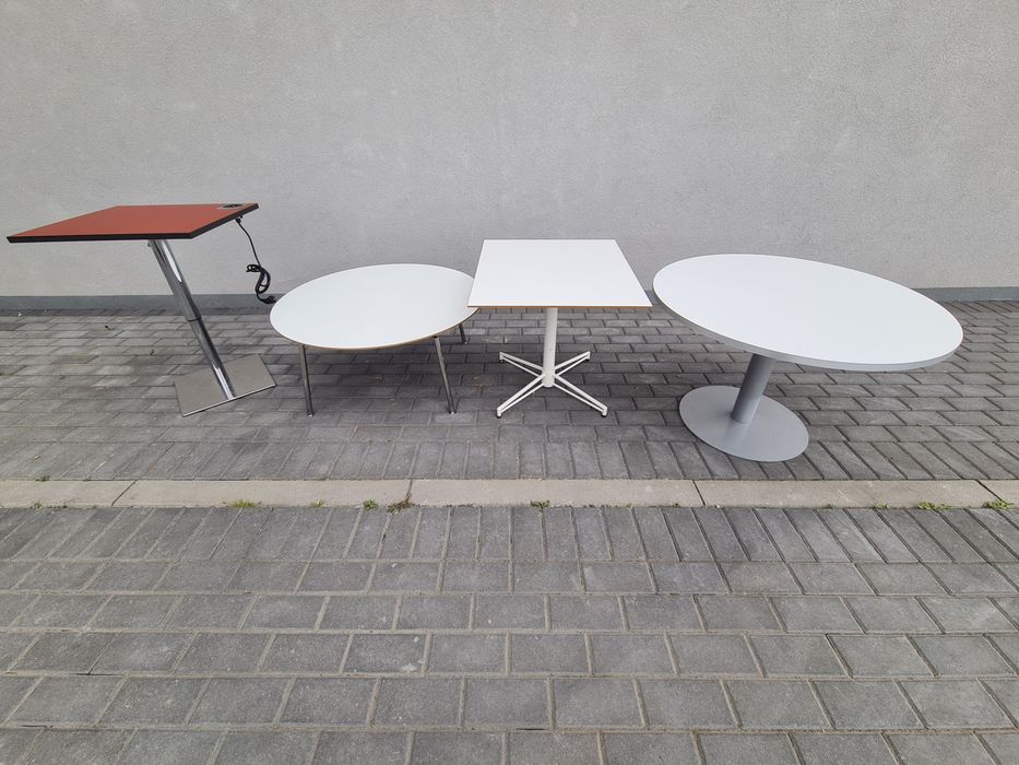 Stół okrągły 8 szt. biały Ø90 cm, blat z rantem srebrnym,noga metalowa