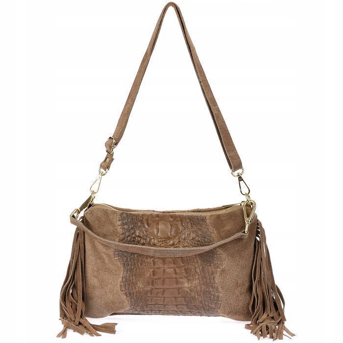 Damska włoska skórzana torebka croco frędzel pasek stylowa casual nowa