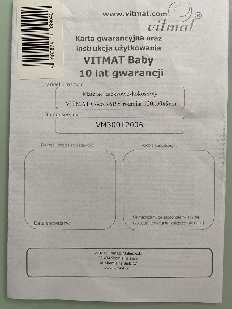 Materac niemowlecy 120x60x9cm lateks-kokos Vitmat coco-baby