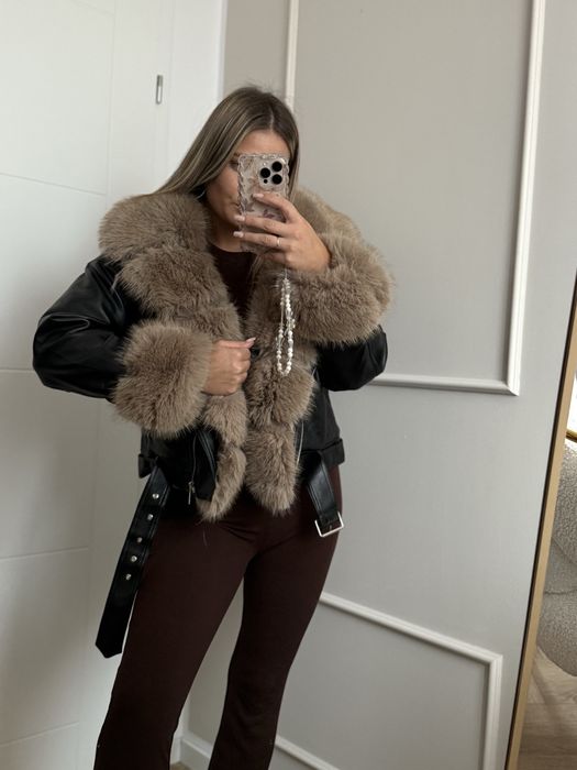 Nowa kurtka zimowa ocieplana skórzana futro S M  L beżowa lub czarna